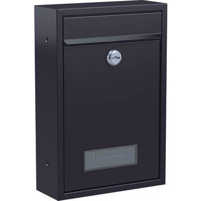 Une boîte aux lettres noire fixée au mur avec un verrou et un porte-plaque d'identification transparent.