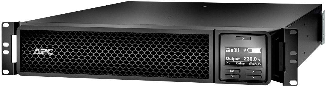 Un dispositif d'alimentation sans interruption (ASC) noir avec une grille de ventilation et un affichage numérique indiquant une tension de sortie de 230 V.