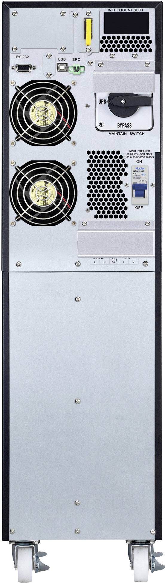 'Arrière d'un serveur ou d'un appareil électrique avec des ventilateurs, une fiche d'alimentation et des interrupteurs. Monté sur un chariot roulant pour un déplacement facile.'