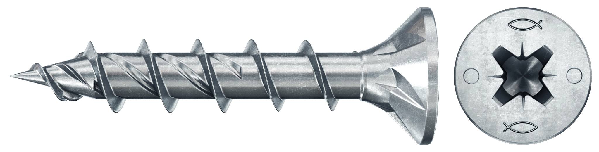Une vis en métal avec une tête plate et un entraînement en forme de croix, montrée à côté d'une vue de dessus de la tête de la vis.