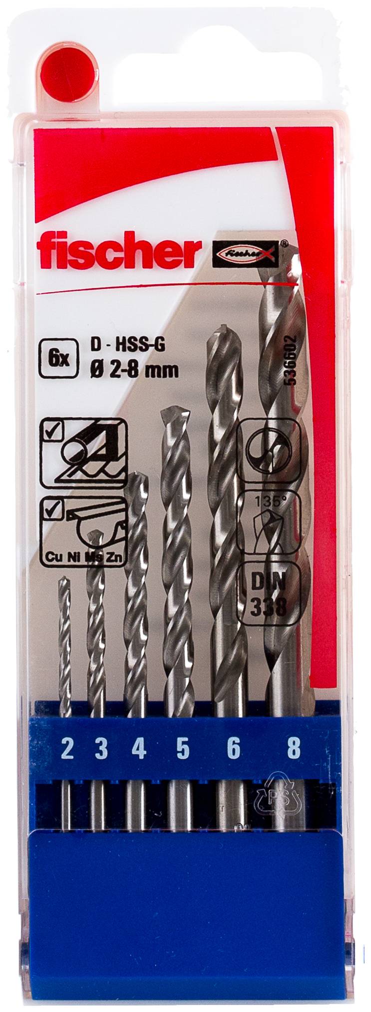 Ensemble de 6 forets HSS-G Fischer, tailles 2-8 mm, présenté dans un étui en plastique transparent avec images des forets et marquage rouge.