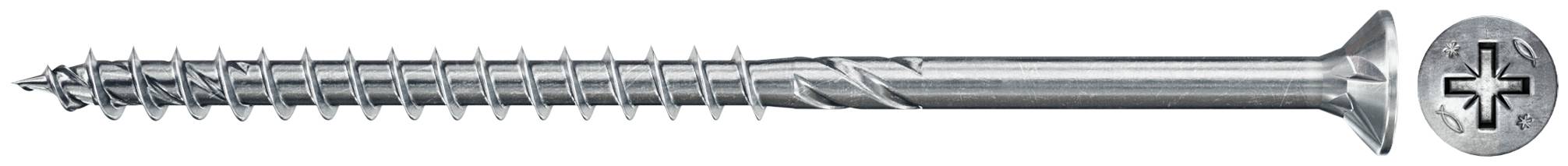 Une vis à tête plate fendue en argent orientée horizontalement avec une rainure en croix sur l'extrémité droite.