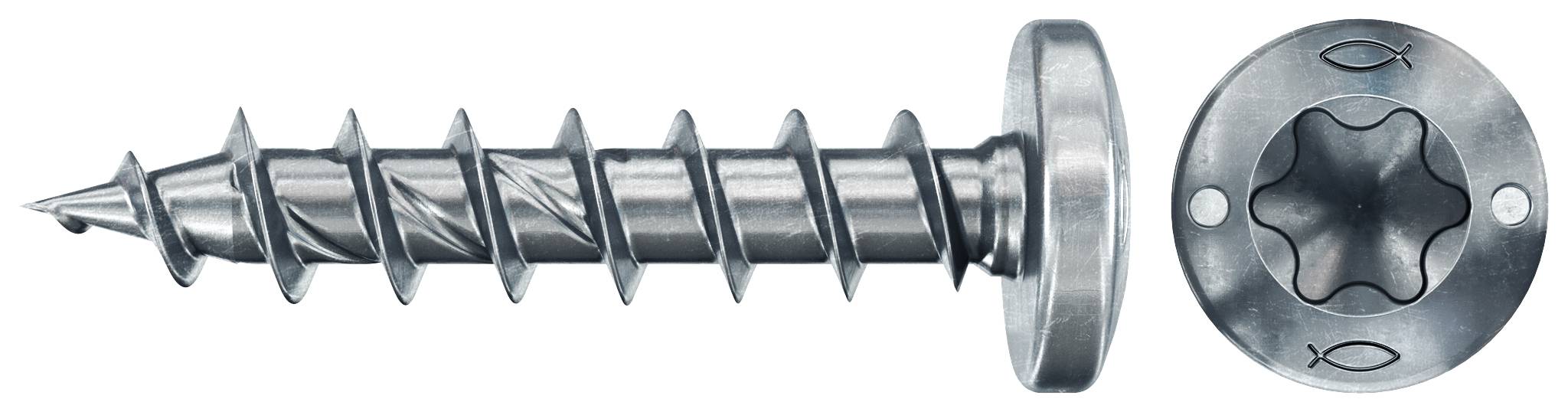 Vis métallique avec une tête plate et ronde de type rondelle et un empreinte Torx présentée en vues latérale et de dessus sur un fond blanc.