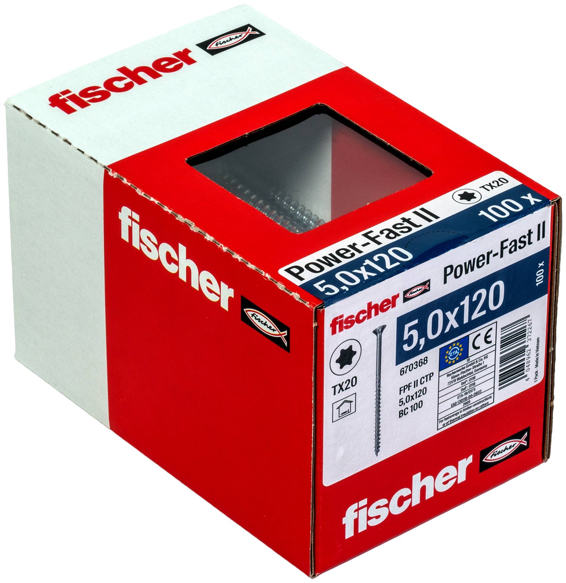 Boîte de vis Fischer Power-Fast II rouge et blanc étiquetée 5.0x120 et TX20, présentée dans son emballage produit avec une fenêtre.