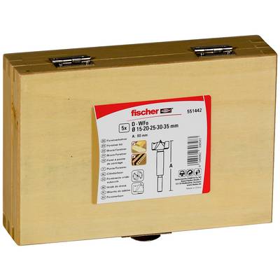 Boîte en bois de set de forets Fischer étiquetée « D-WF Ø 15-20-25-30-35 mm » avec illustration de produit et code-barres.
