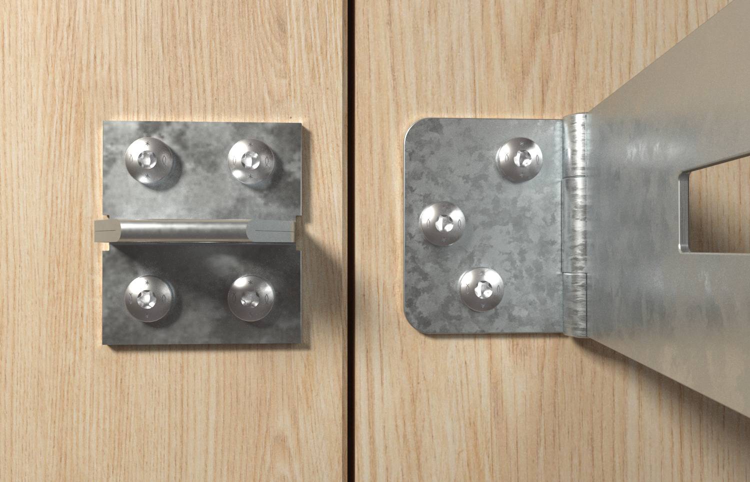 Gros plan d'une charnière métallique fixant deux portes de placard en bois clair ensemble.