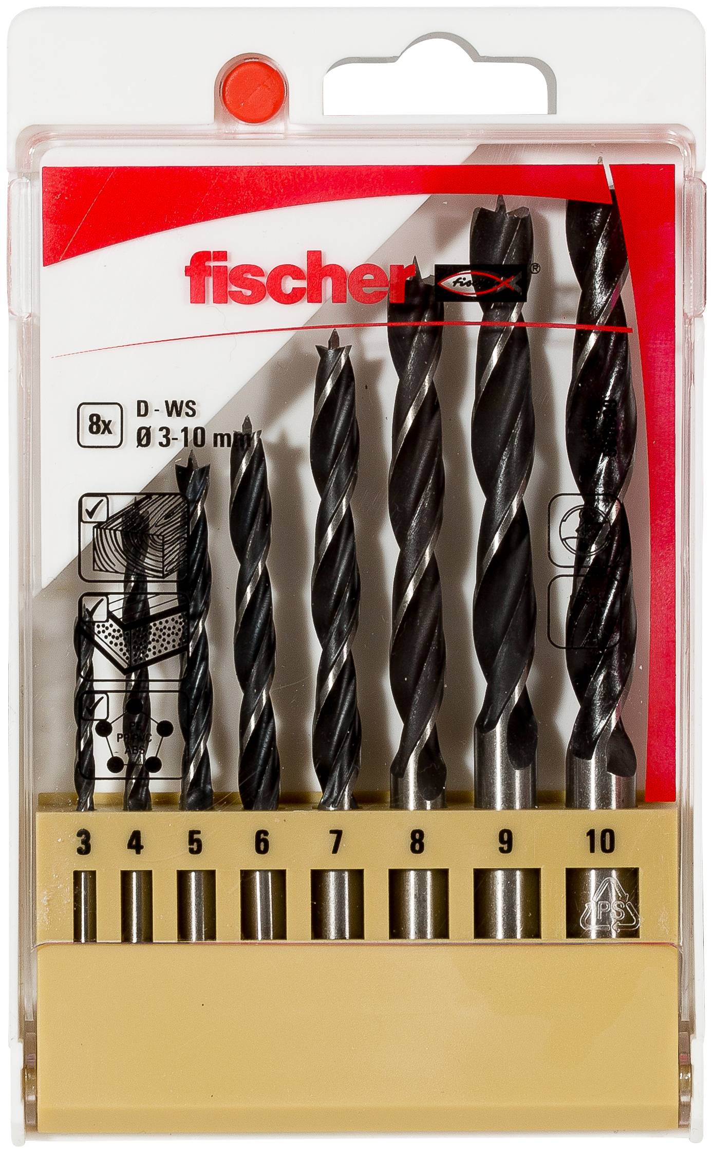 Fischer 536609 Jeu de forets pour le bois 8 pièces 3 mm, 4 mm, 5 mm, 6 mm, 7 mm, 8 mm, 9 mm, 10 mm 1 set