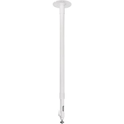 Une tringle de douche télescopique blanche réglable avec fixation murale, déployée et présentée dans un environnement neutre.