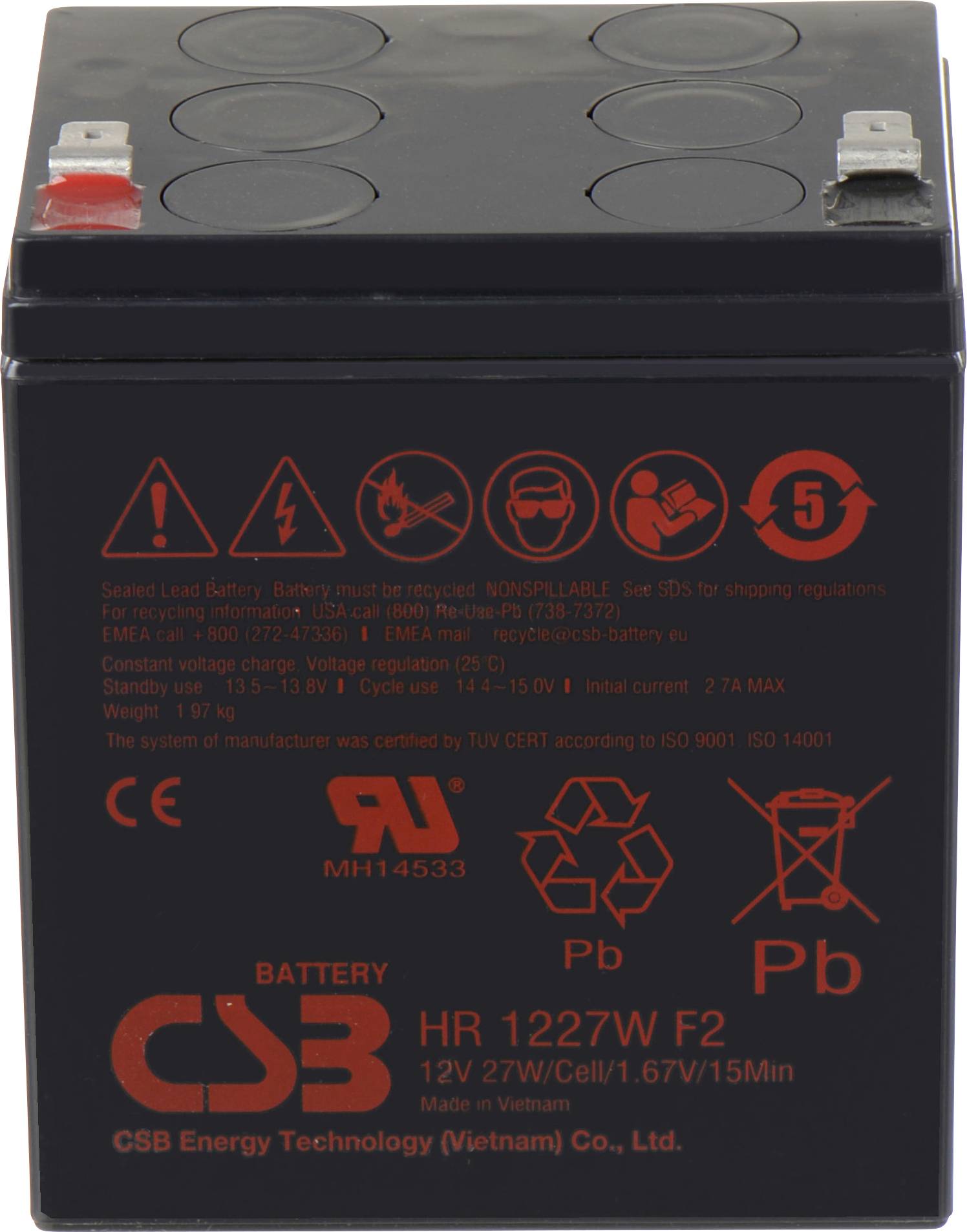 Une batterie noire étiquetée 'CSB Battery HR 1227W F2' avec des icônes de recyclage et d'élimination. Fabriquée au Vietnam, 12V 27W/Cellule.