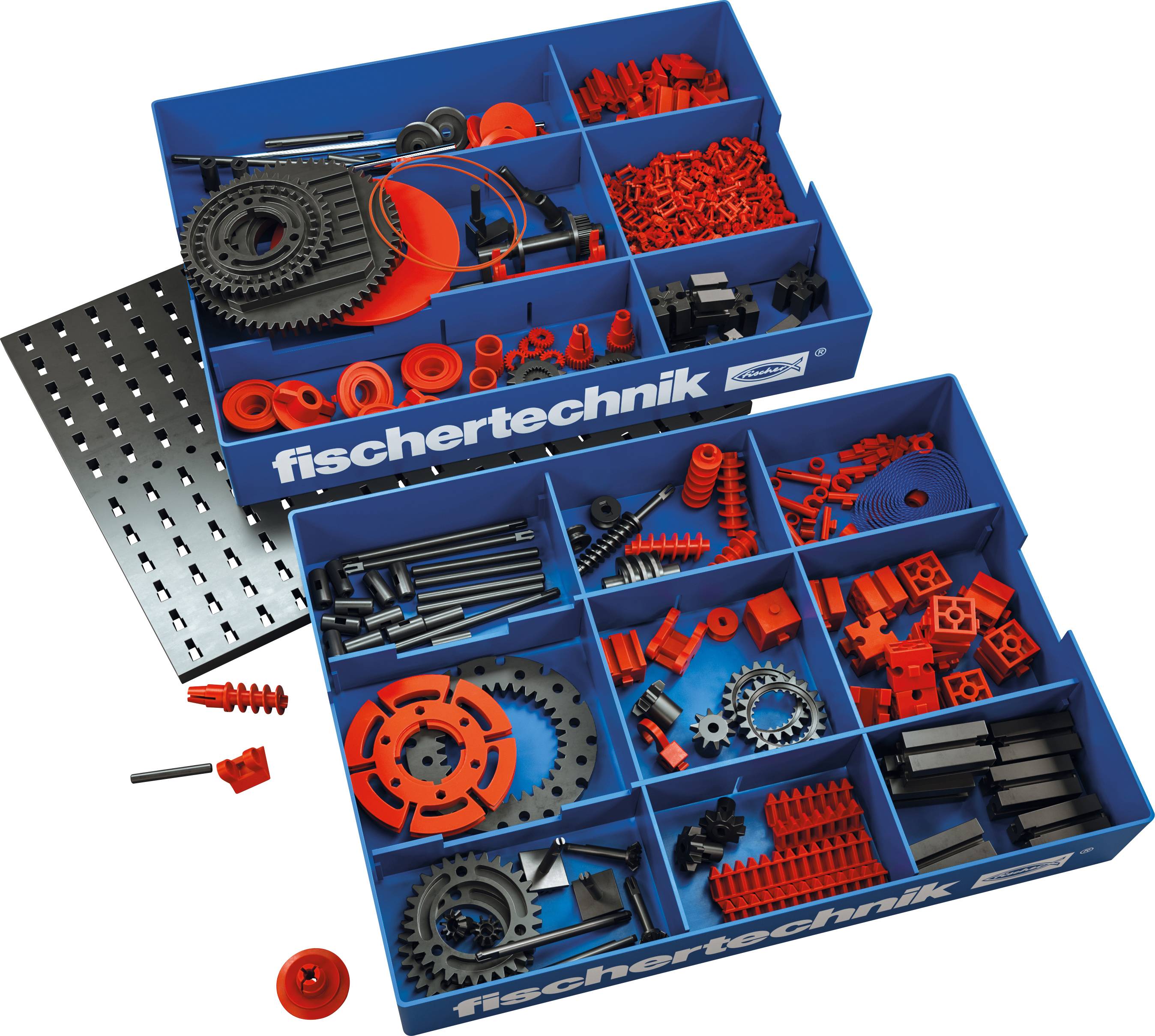 Kit de construction avec un conteneur bleu, différents composants rouges et noirs, des engrenages et des instructions de montage de fischertechnik.