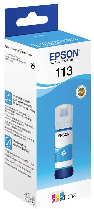 Bouteille d'encre Epson '113', compatible avec les imprimantes EcoTank. Contient de l'encre cyan, séchage rapide, longue durée.