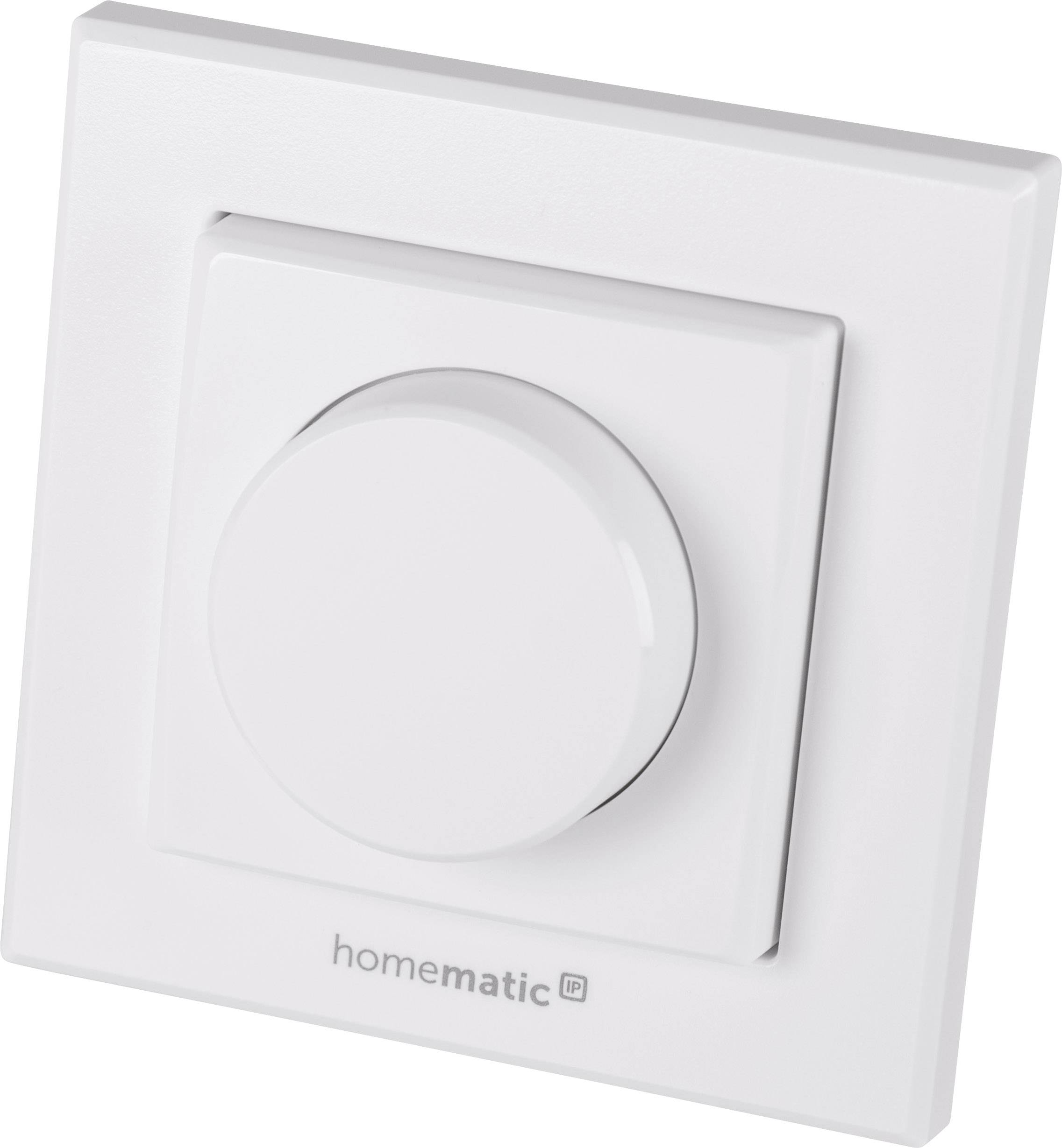 Un interrupteur mural blanc avec bouton rotatif, portant le nom de marque 'homematic IP' illustré ci-dessous.