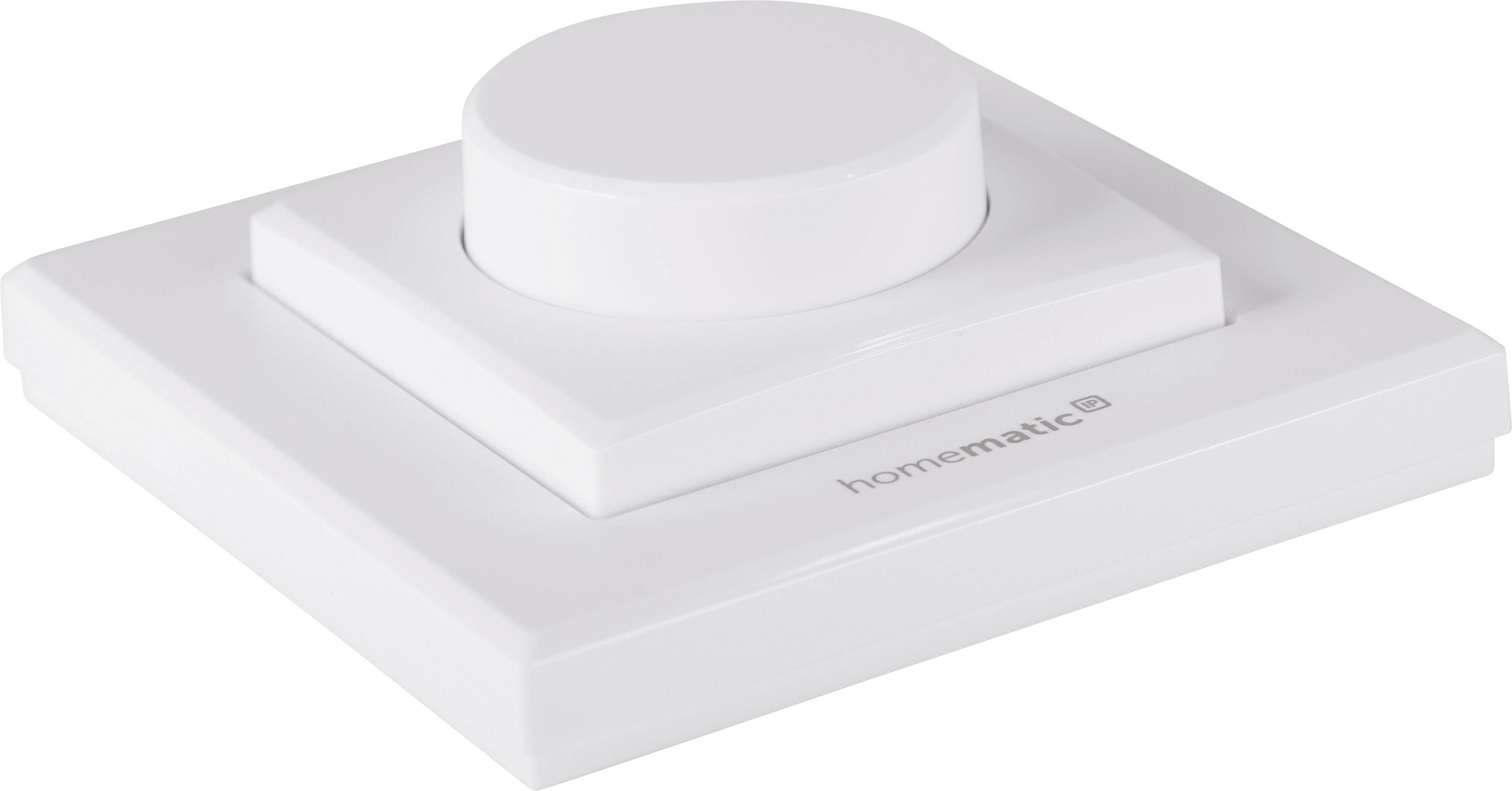 Interrupteur carré blanc avec variateur rotatif rond, de la marque 'homematic', adapté pour commander des appareils électriques.