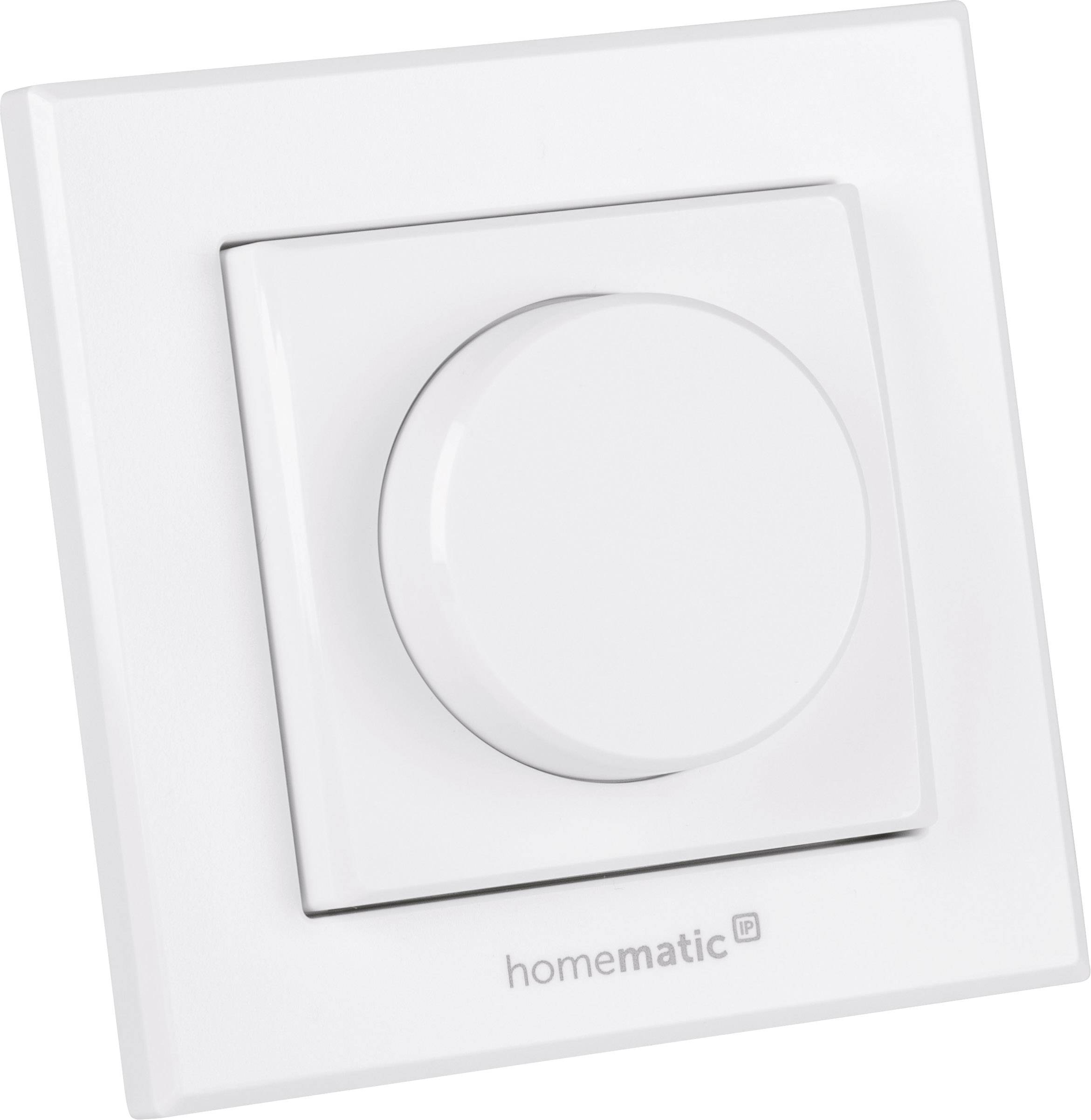 Un interrupteur variateur blanc carré de Homematic IP, adapté pour le contrôle des systèmes d'éclairage dans les maisons intelligentes.