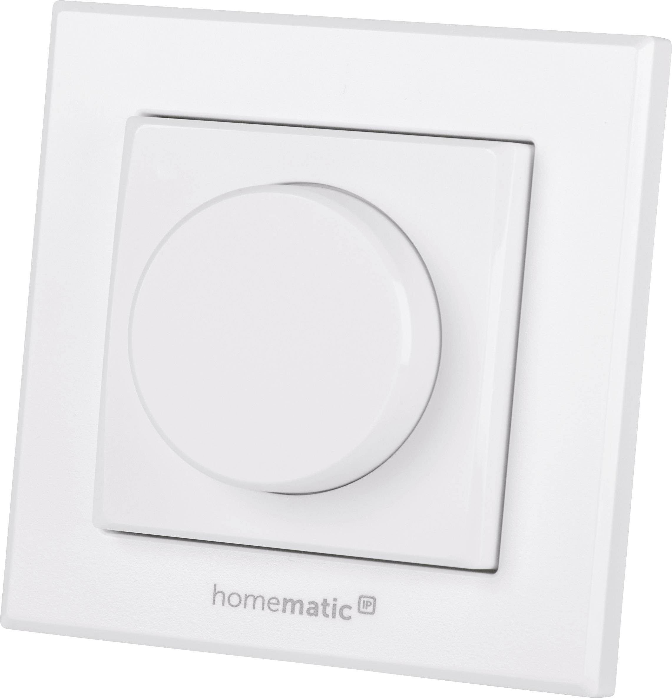 Bouton rotatif blanc sur un mur pour le contrôle d'un système domotique. En dessous est écrit 'homematic'.