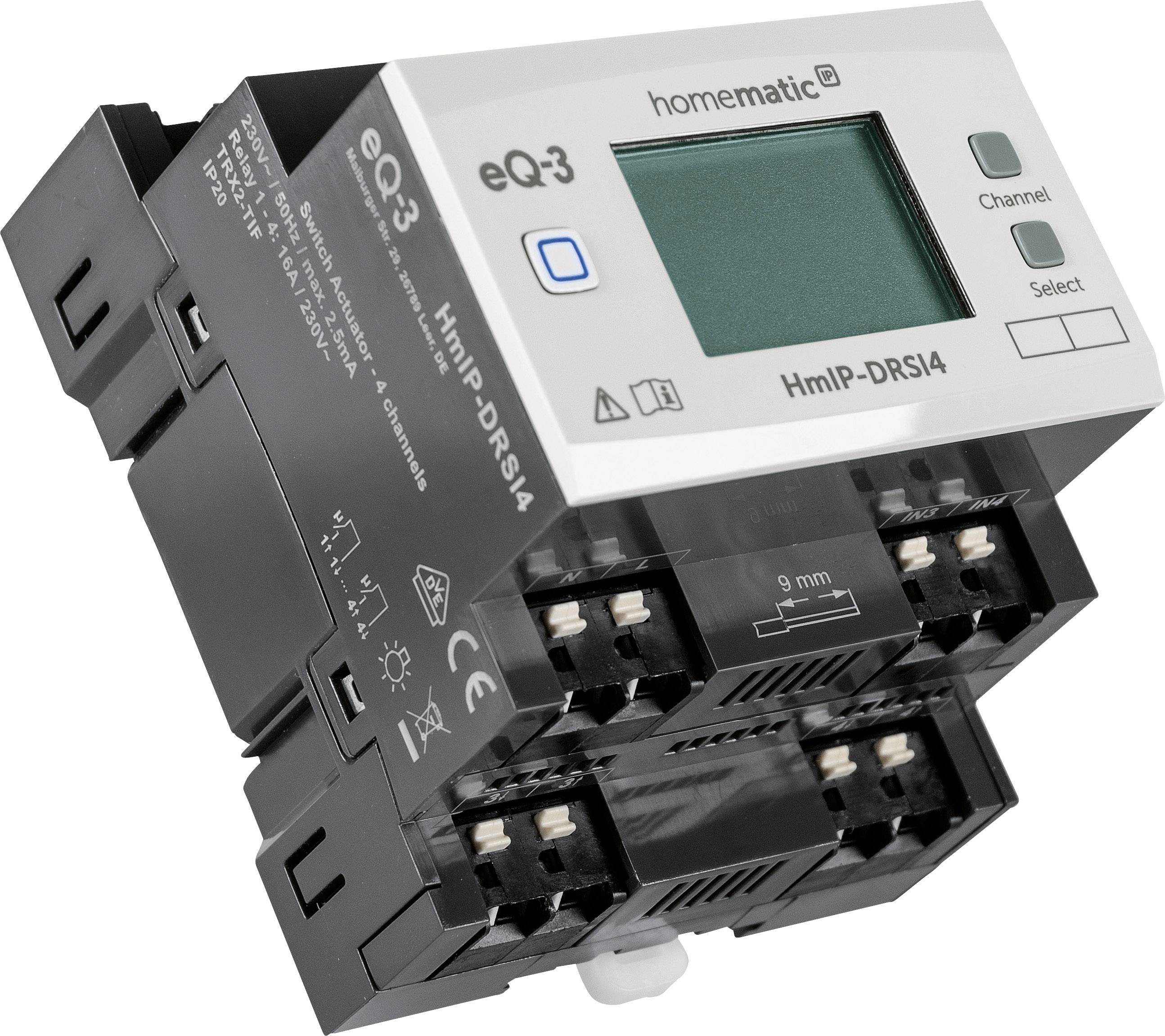Appareil de commande domotique avec affichage numérique et plusieurs ports de connexion, désigné comme 'eQ-3 Homematic HmIP-DRS14'.