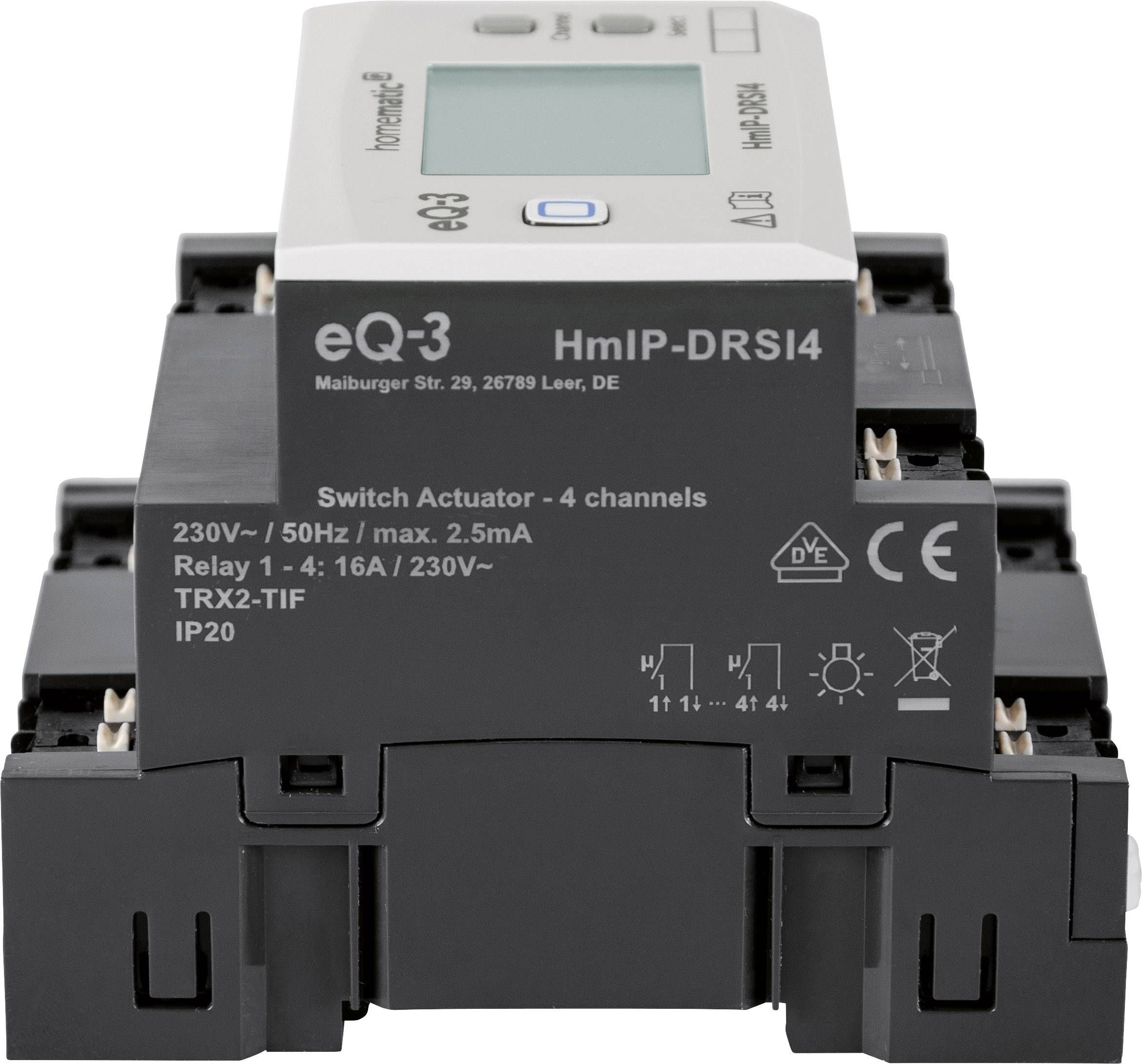 Un dispositif de commutation gris et rectangulaire de eQ-3 avec 4 canaux et un affichage numérique, adapté pour 230V/16A, de classe de protection IP20.