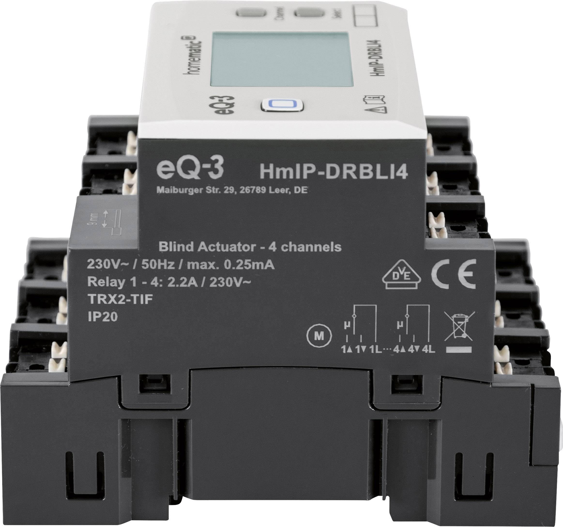 Un actionneur de volet roulant 4 canaux de eQ-3 pour 230V/50Hz avec un courant maximal de 0,25mA. Modèle HmIP-DRBLI4, adapté à la domotique.