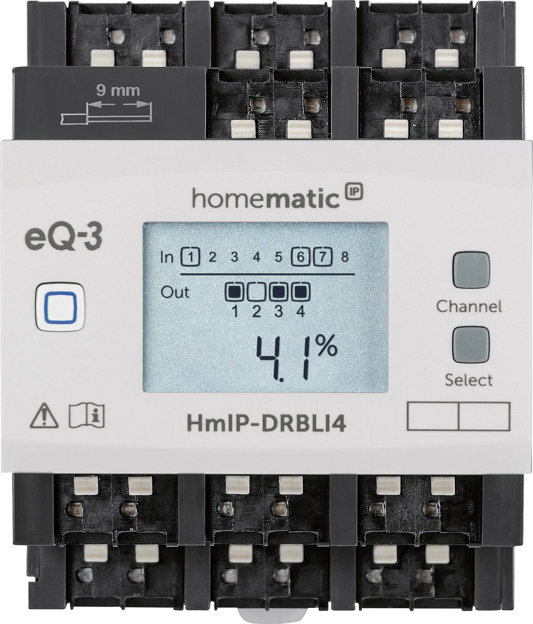 Un actionneur de volets roulants HmIP-DRBLI4 d'eQ-3 affichant la valeur de gradation actuelle de 4,1%. En haut : canaux 1 à 4 pour le contrôle.