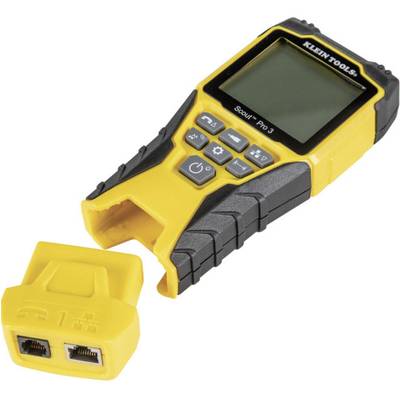 Un appareil de test de câbles jaune avec un adaptateur amovible, principalement utilisé pour les connexions réseau. Le nom de la marque est affiché en haut de l'écran.