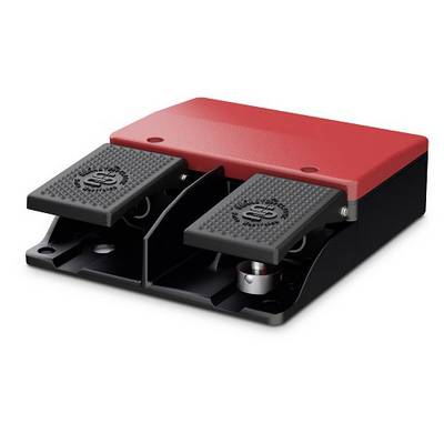Deux pédales noires pour les pieds reposant sur une base rectangulaire rouge. Les pédales sont équipées de surfaces antidérapantes.