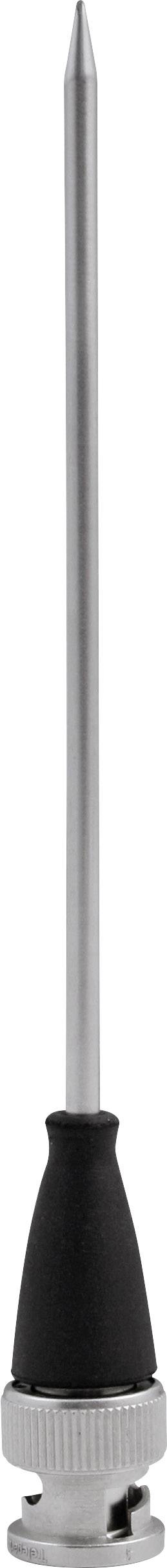 Une sonde métallique pointue en argent avec une poignée noire et une fixation à vis argentée. Utilisée pour les thermomètres ou les capteurs.