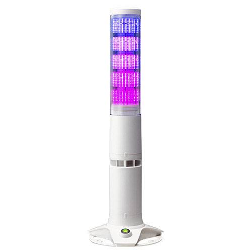 Un dispositif de tour lumineuse blanche avec plusieurs anneaux lumineux colorés en bleu et violet.