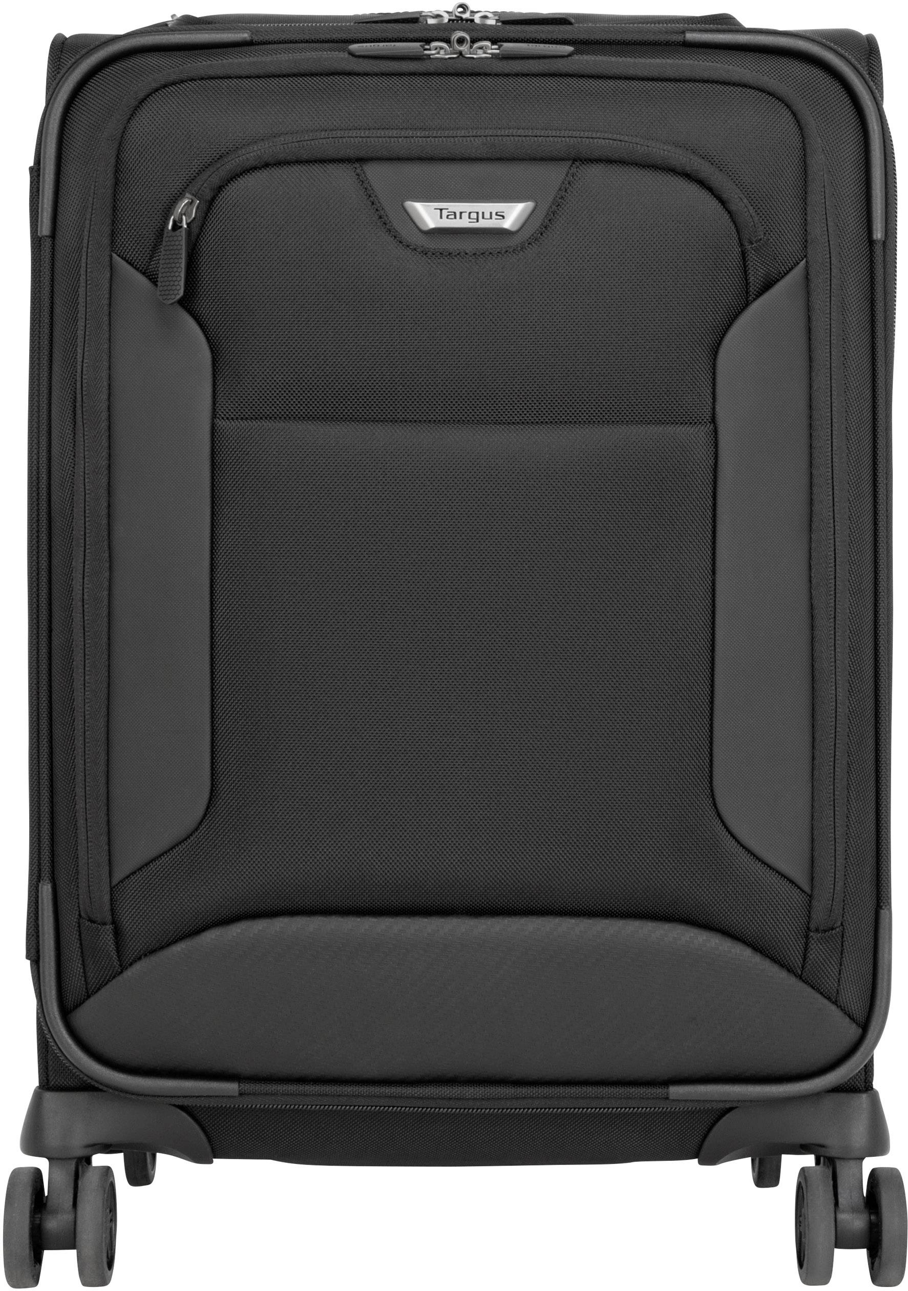 Valise noire, sobre, à quatre roues, adaptée aux voyages. Contient un petit logo argenté en haut de la face avant.
