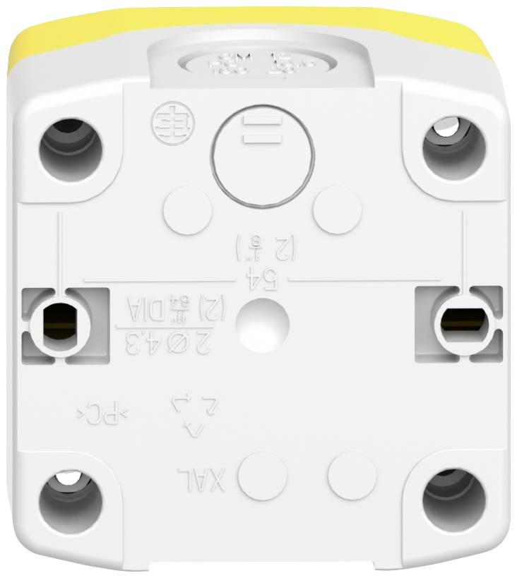 Un composant électrique blanc avec une bande jaune sur le dessus et quatre ouvertures. Des marquages et des symboles sont imprimés.