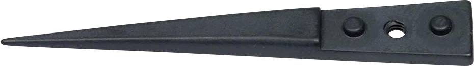 Un coin noir en métal avec deux vis et un trou au centre pour la fixation ou l'utilisation comme outil de levier.