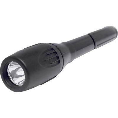 Lampe de poche noire avec une poignée étroite et une large tête lumineuse, adaptée aux sorties nocturnes ou aux situations d'urgence.