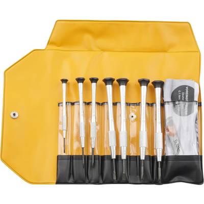 Un ensemble de huit tournevis d'horloger dans un étui jaune ouvert, avec un manuel d'instructions visible.