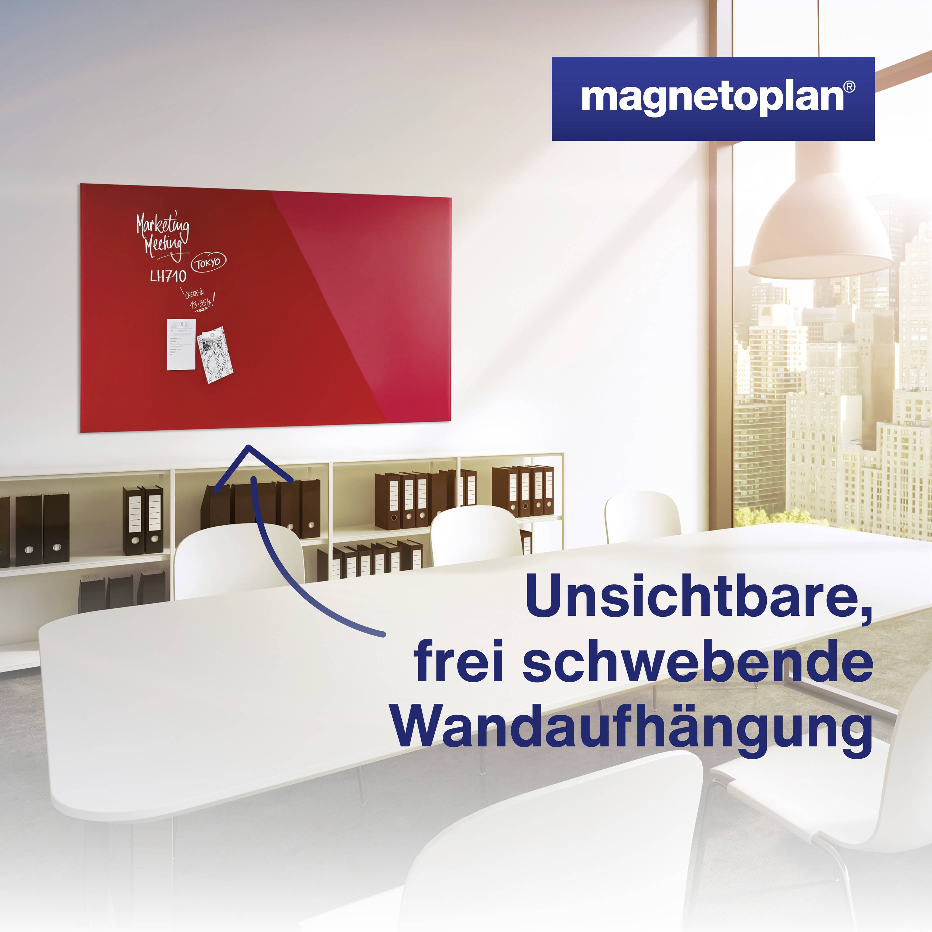 Tableau blanc rouge avec 'Réunion Marketing 11:00' sur un mur de bureau. Texte : 'Suspension murale invisible et flottante'.