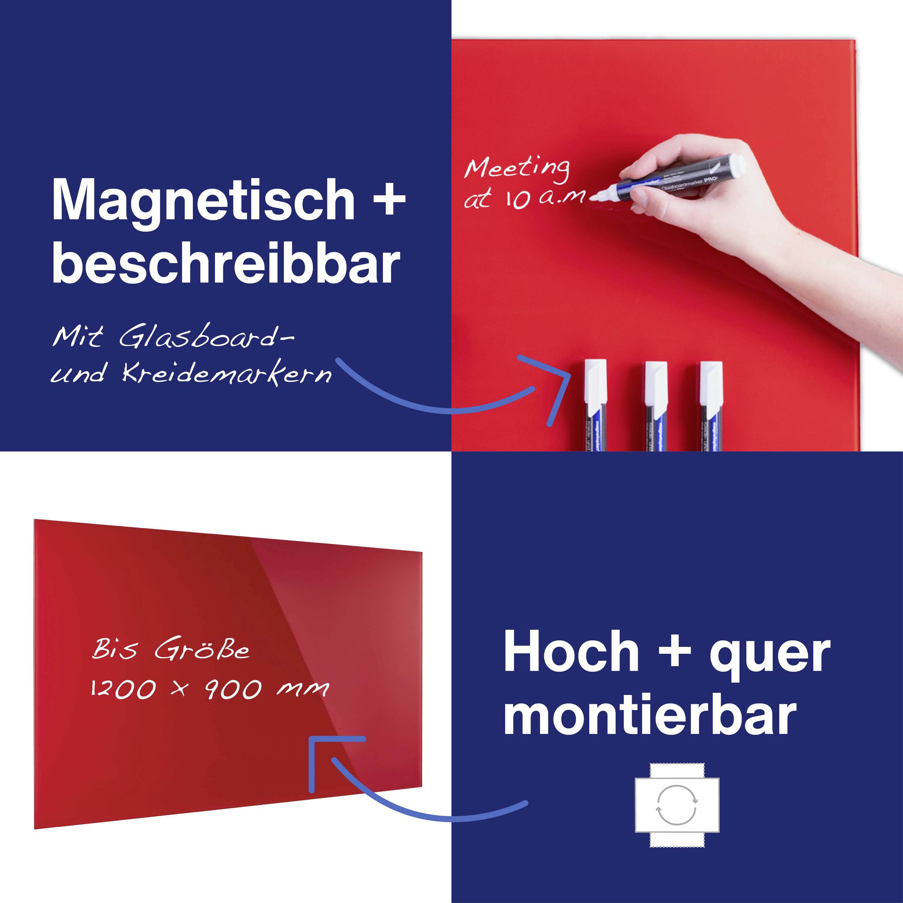 Tableau magnétique, effaçable avec des marqueurs pour verre et craie. Taille jusqu'à 1200 x 900 mm. Une main écrit 'Réunion à 10h' sur le tableau. Montable en position verticale ou horizontale.