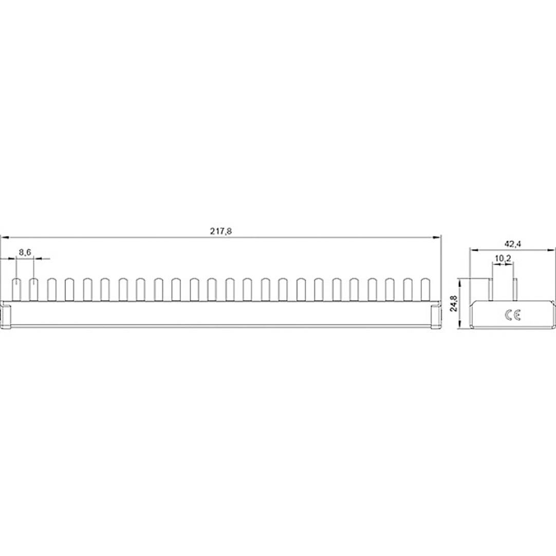 Dessin au trait d'un boîtier de dérivation avec dimensions en millimètres : longueur 217,8, hauteur 23,6, profondeur 42,4. Marquage CE visible.
