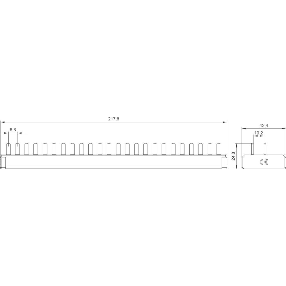 Dessin technique d'un socle de stylo avec dimensions : longueur 217,8 mm, profondeur 42,4 mm, hauteur 24,8 mm. Marquage CE visible.