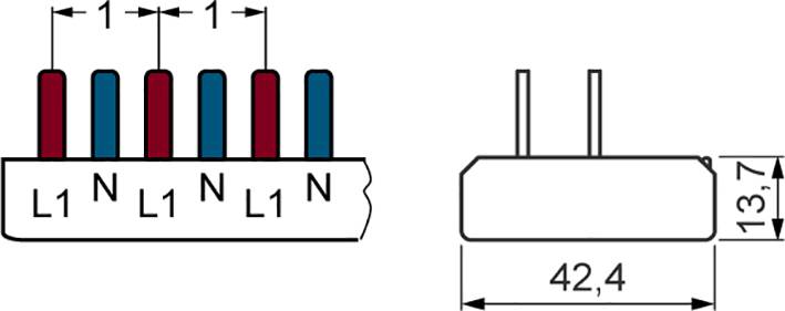 Schéma d'un connecteur à six broches, alternativement étiquetées L1 et N. Dimensions de 42,4 mm de long et 13,7 mm de haut en vue de profil.