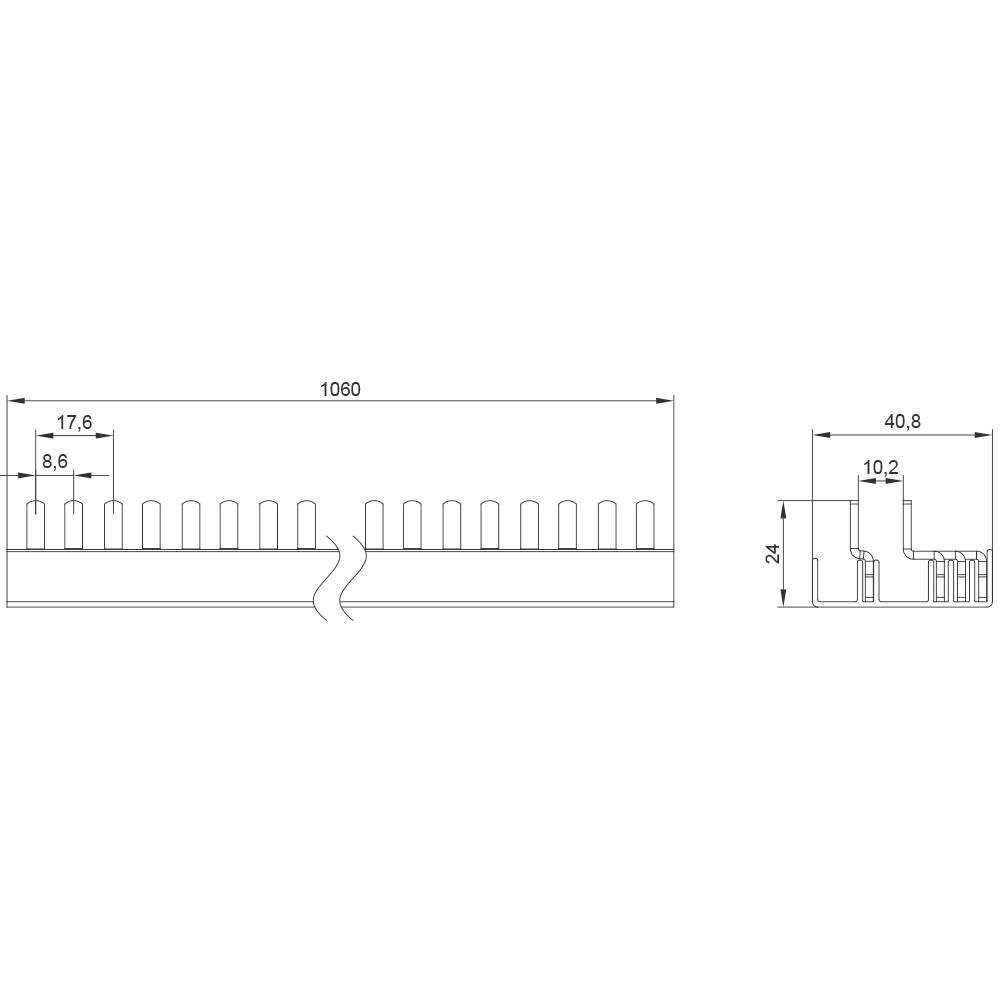 Dessin technique d'un dissipateur thermique avec ses dimensions : Longueur 1060 mm, hauteur 24 mm, et autres détails tels que les espacements des ailettes.