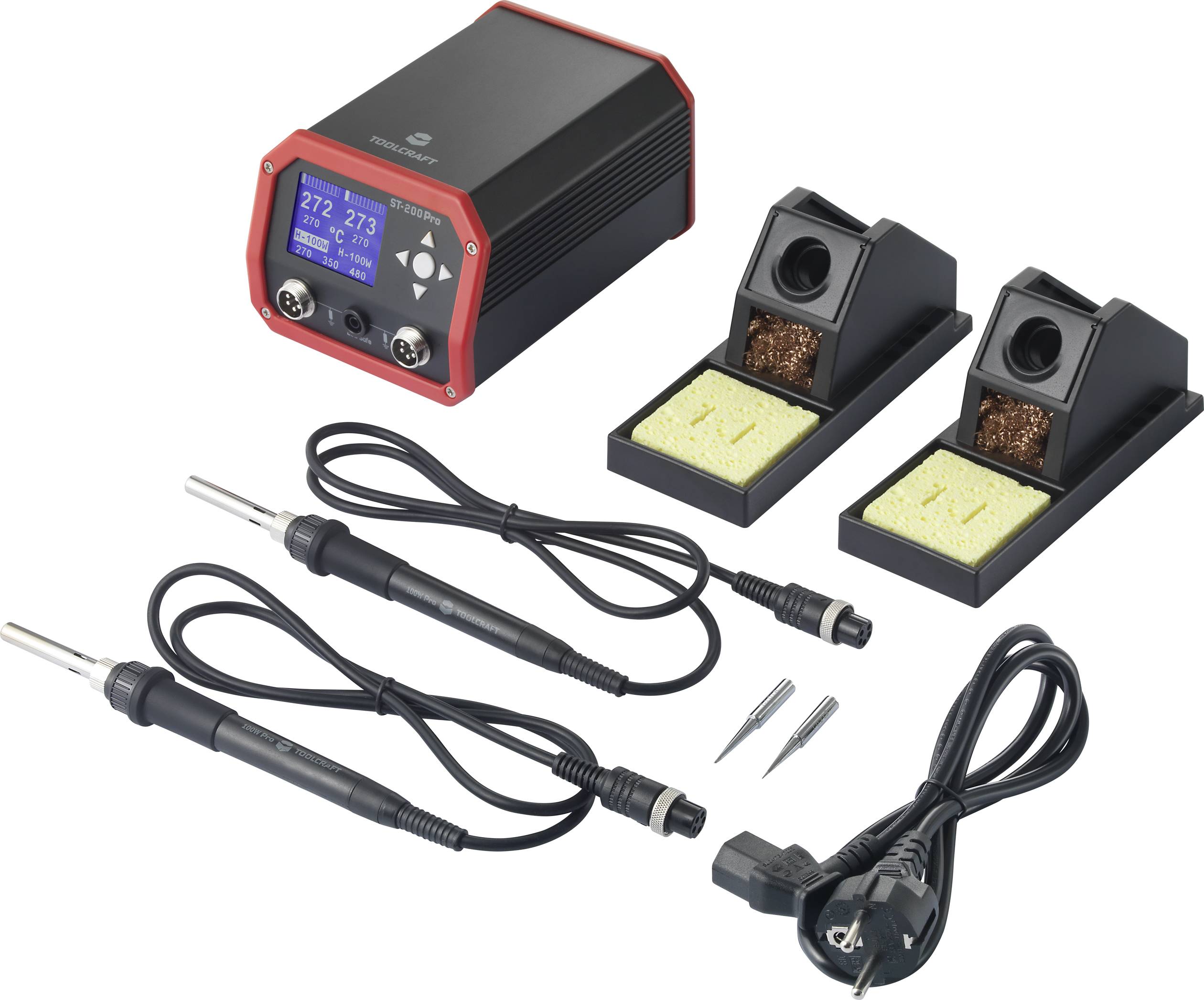 Station de soudage avec affichage LED, deux pointes de soudage, deux supports avec éponges de nettoyage et câble d'alimentation. Idéal pour un soudage précis.