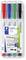 Quatre marqueurs pour tableau blanc de couleurs rouge, noir, vert et bleu de Staedtler dans un emballage transparent.