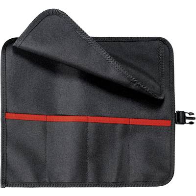 Sacoche à outils noire avec une bande rouge, ouverte, montrant plusieurs compartiments pour ranger des outils ou des accessoires.