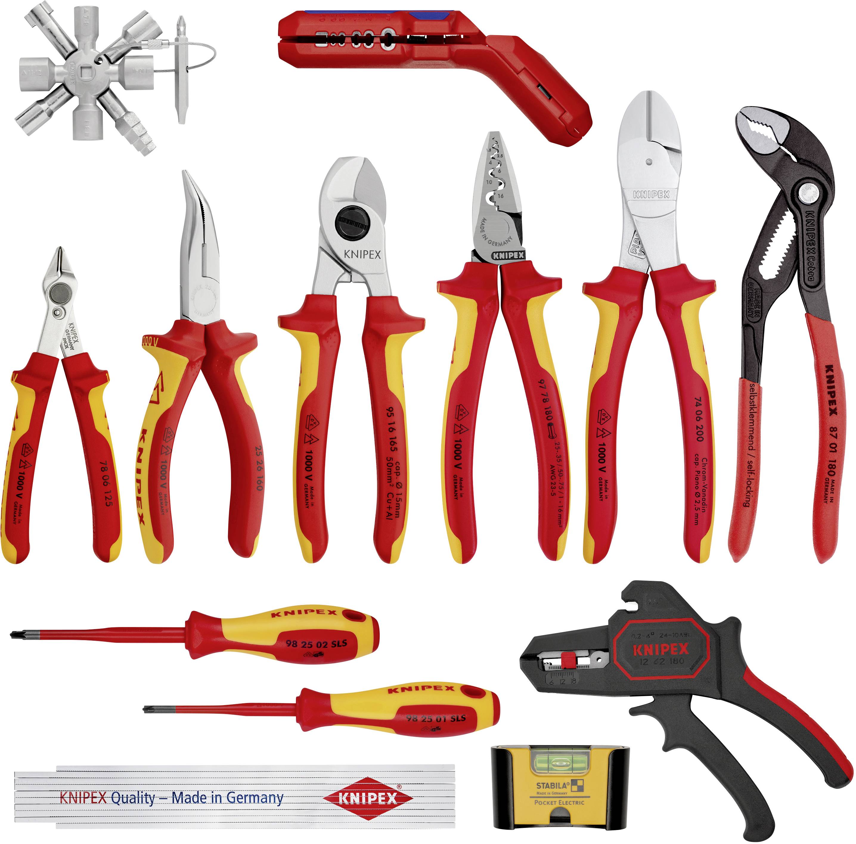 Une sélection d'outils Knipex, comprenant des pinces, des coupe-câbles, des tournevis et un outil à dénuder, sur fond blanc.
