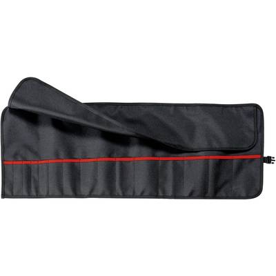 Un sac à outils noir avec plusieurs compartiments, partiellement ouvert et orné d'une bande rouge.