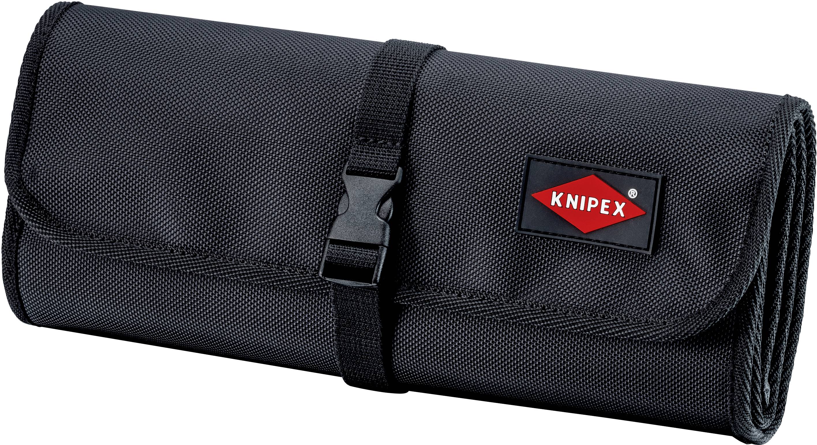Sac à outils en tissu noir avec logo Knipex, doté d'une sangle de fermeture à l'avant. Idéal pour transporter et ranger des outils lors de déplacements.