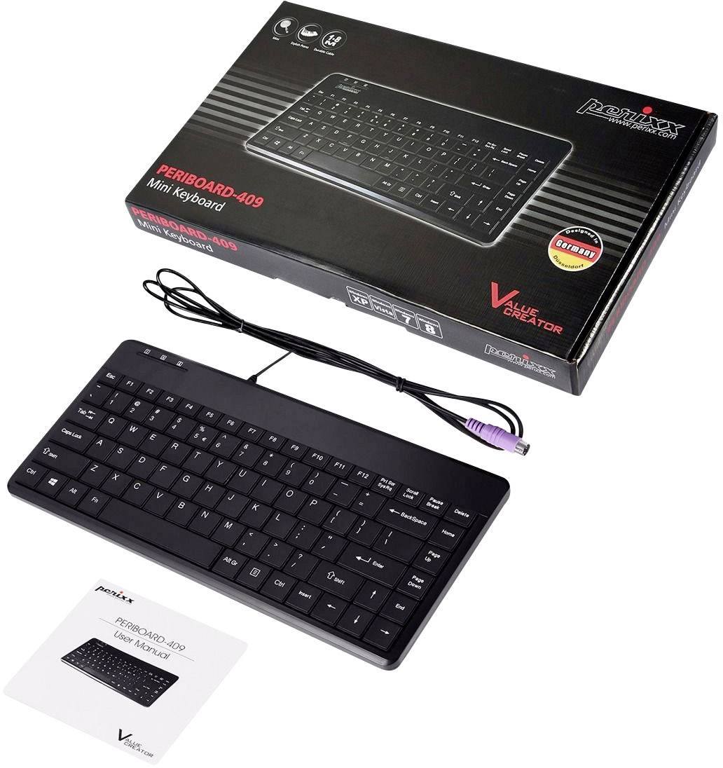 Un clavier mini noir nommé 'Periboard-409' avec câble, emballage et mode d'emploi. Comprend la disposition et les fonctionnalités.