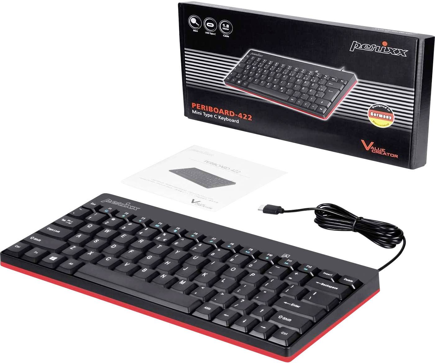 Clavier compact noir avec des touches rouges, connexion USB et emballage affichant une image et le numéro de modèle 'Periboard-422'.