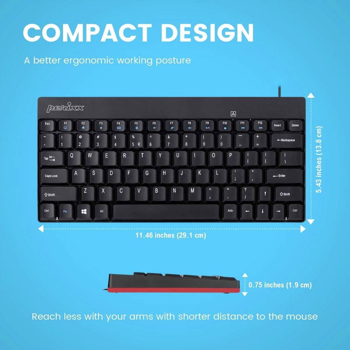 Clavier noir au design compact sur fond bleu, mesurant 29,1 x 13,8 cm. Indication d'une approche ergonomique de travail.