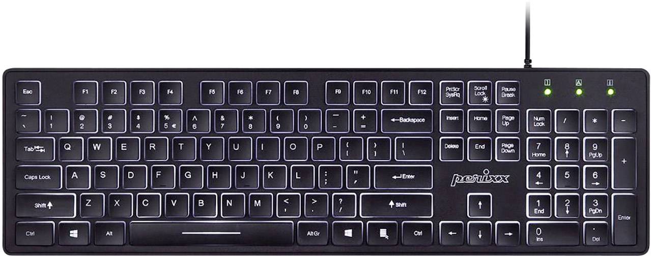 Un clavier noir QWERTZ rétroéclairé avec câble, affichant trois LED d'état pour Verr. Num, Verr. Maj et Arrêt défil.