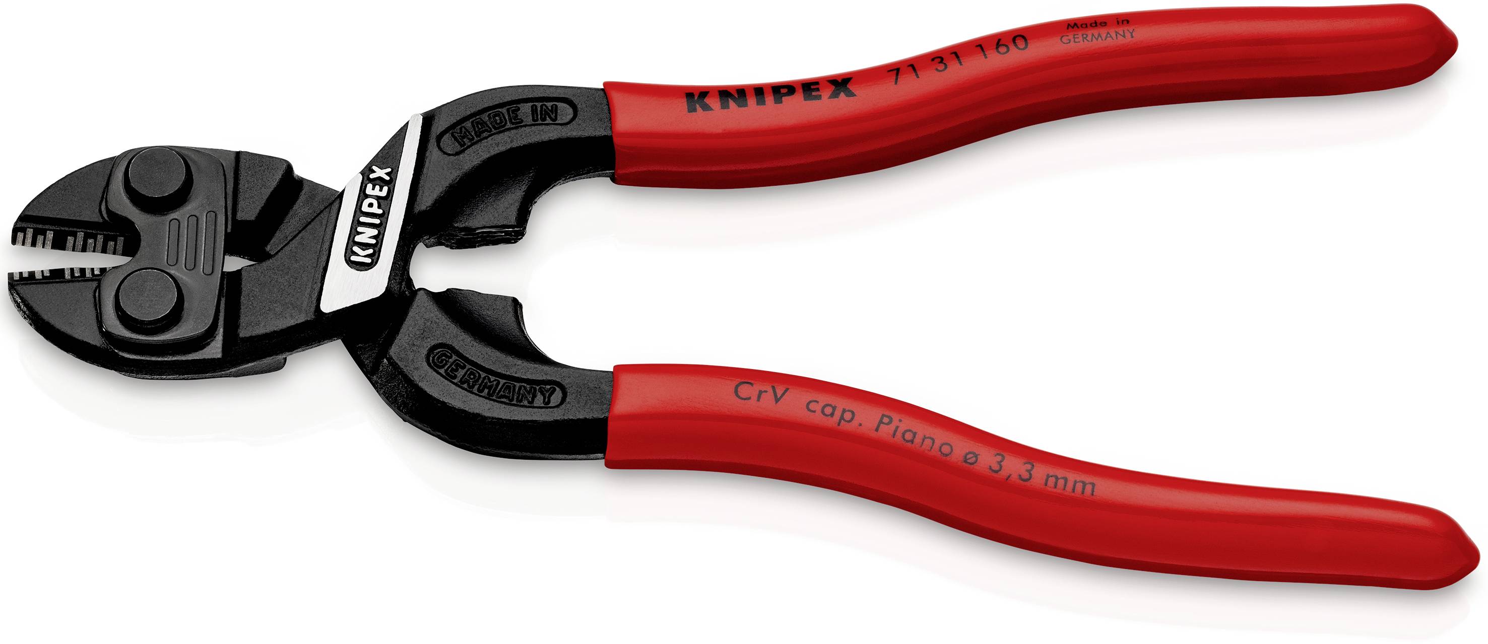 Coupe-boulons KNIPEX avec lames noircies et poignées rouges, adapté pour la coupe de fils durs jusqu'à 3,3 mm.