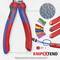 Pinces 'KNIPEXtend' en bleu et rouge avec des clips de poignée interchangeables pour une personnalisation. L'image présente plusieurs options de clips colorés et une prise en main texturée.